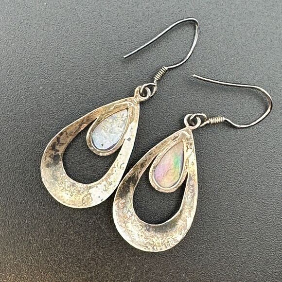 Vintage 925 Silver Purple Abalone Shell MOP in Resin Dangle Hook Earrings 1.75" - Picture 3 of 12
